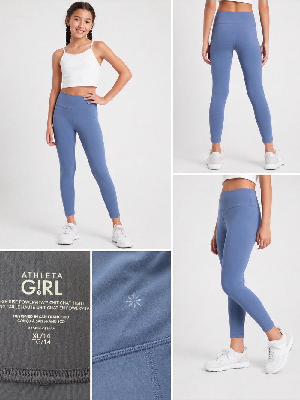 Athleta Girl High‎ Rise Powervita Chit Chat Leggings Blue XL/14 Youth Athletic